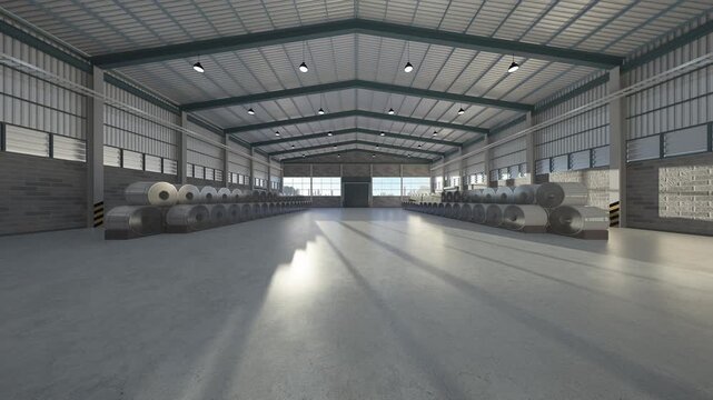 3D warehouse interior dolly zoom with rows of steel coils product represent industrial storage, logistics center, raw material inventory, metal production, supply chain and copy space background.