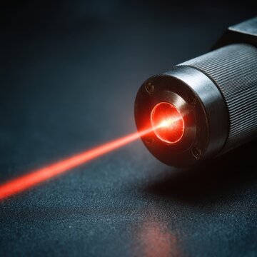 Red laser pointer emitting beam close up shot on dark surface modern technology science experiment tool