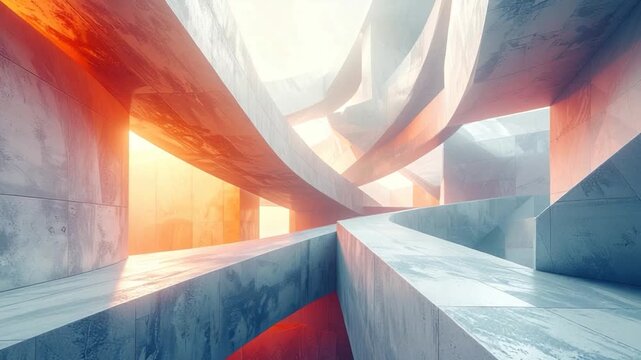 A futuristic concrete structure bathed in warm light, with curved paths and openings