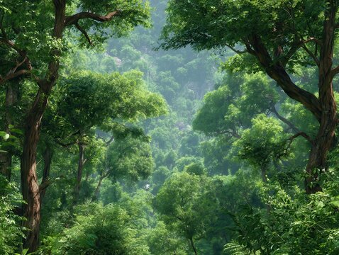 Lush Green Forest Canopy View from Below with Sunlight Filtering Through the Leaves in a Tropical Location