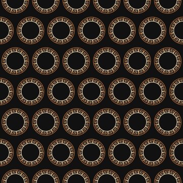 Luxury Greek key seamless pattern. Golden bronze meander circular rings with a metallic gradient texture on a dark black background for classic Versace style decor