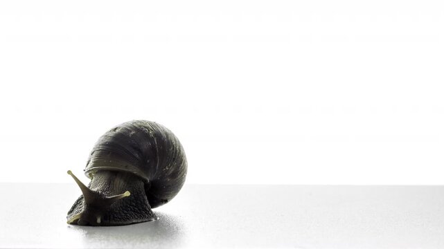 Time-lapse shot of a River snail walking against a white background.
