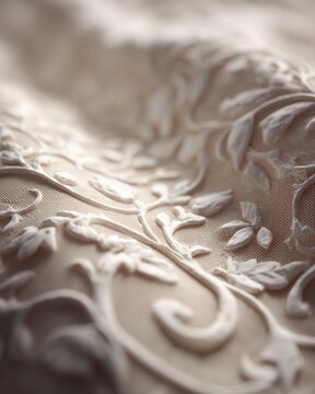 Close-up of Elegant Wedding Dress Fabric with Floral Embroidery in Soft Light Studio Shot