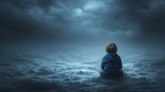 Boy sits in clouds looking at storm from behind in solitude and contemplation with dramatic lighting and dark moody atmosphere