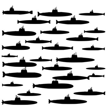 Collection of 24 black silhouette submarines arranged in a 6x4 grid on a white background, showcasing various designs and sizes. The submarines are depicted in a minimalist, vector illustration sty...