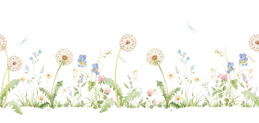 Watercolor Wildflower Meadow Border with Dandelions