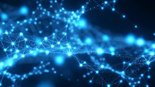 Glowing cyan node network with pulsing focus shifts and layered triangular mesh planes across deep blue field, creating futuristic digital connectivity and radiant depth