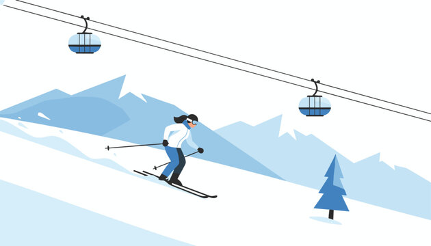 Active woman wearing warm winter gear skis downhill on a scenic snowy mountain slope under a cable car ski lift.