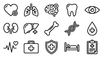 Fototapeta premium Human organ and medical equipment line icon set.
