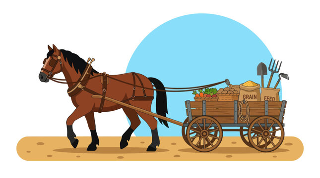 Horse pulling wooden cart filled with farm produce