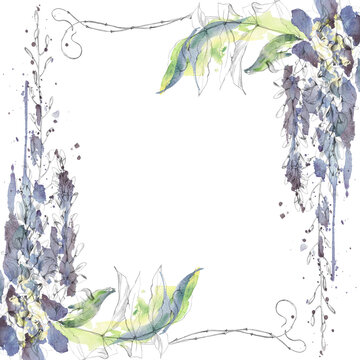 Cascading wisteria frame with watercolor blossoms, foliage and natural vine growth. Pencil linework and watercolor bleeds. Floral stationery, artisan labels, promotional graphics, herbal cosmetics.