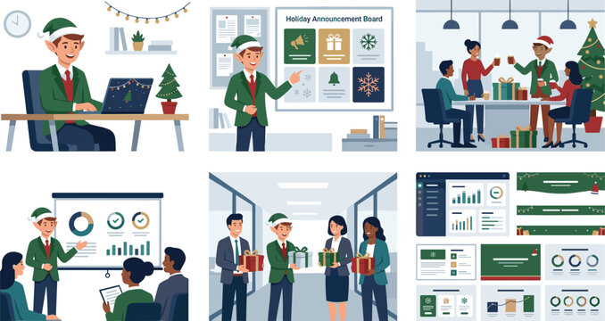 Corporate Christmas office party and holiday business presentation scenes with employees wearing elf hats exchanging gifts vector illustration