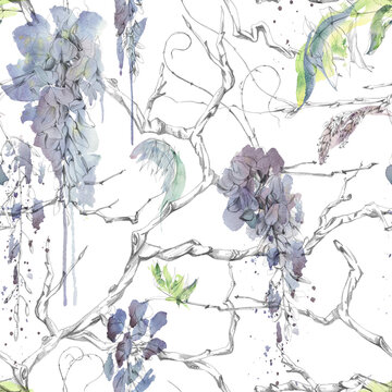 Seamless botanical pattern of blooming wisteria, glycine lilac vines and leaves on old twisted branches with watercolor accents, pencil contour. Surface design, planners, labels, decorative packaging.