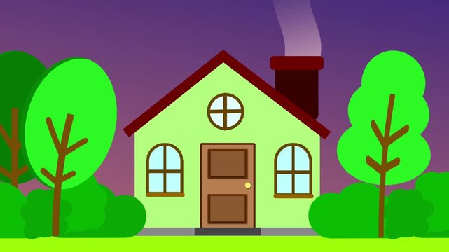 A flat 2D cartoon animation of a green residential house with smoke continuously rising from its chimney during a purple evening sky.