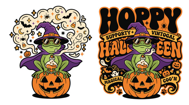 Groovy retro Halloween sublimation graphic design featuring a cute green witch frog sitting on pumpkin holding a magical potion bottle.