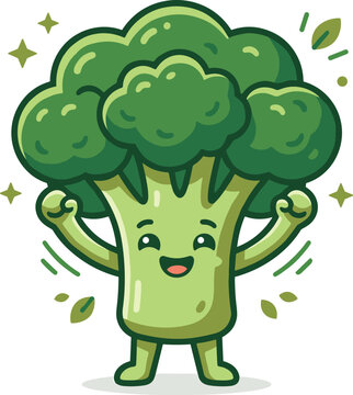 Cute cartoon broccoli character celebrating with flexing arms and happy face for healthy organic food mascot design