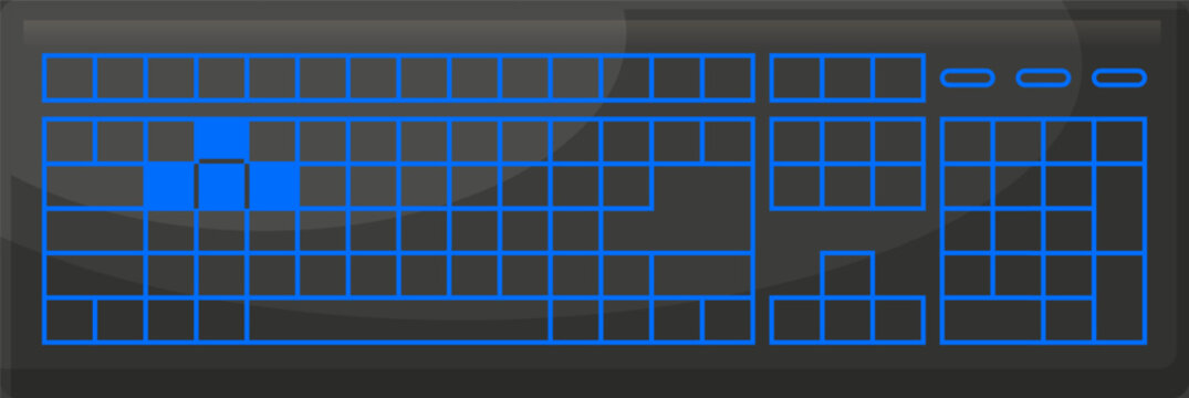 Stylized computer keyboard with blue outlines highlighting important gaming input keys