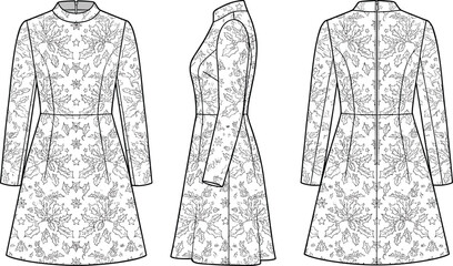 Women Christmas long sleeve dress technical flat sketch vector template with holly berry pattern © Radongo