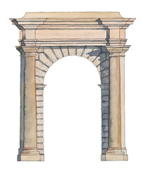 Obraz premium Hand Painted Watercolor Illustration of a Classical Stone Archway and Portal, Isolated on White or Transparent Background