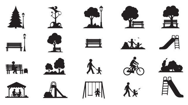 Public park silhouette icons set, urban recreation and playground elements vector, outdoor landscape symbols for city planning and leisure maps