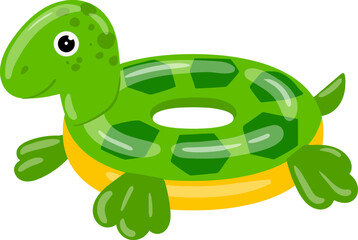 Fototapeta premium Green turtle shaped inflatable swim ring floating for children's water recreation