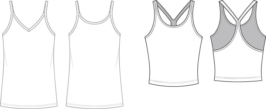 Women strappy camisole and racerback tank top technical sketch template front and back view