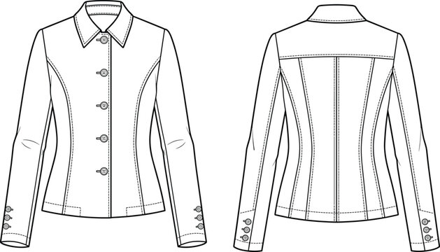 Women blazer jacket technical sketch template showing front and back view