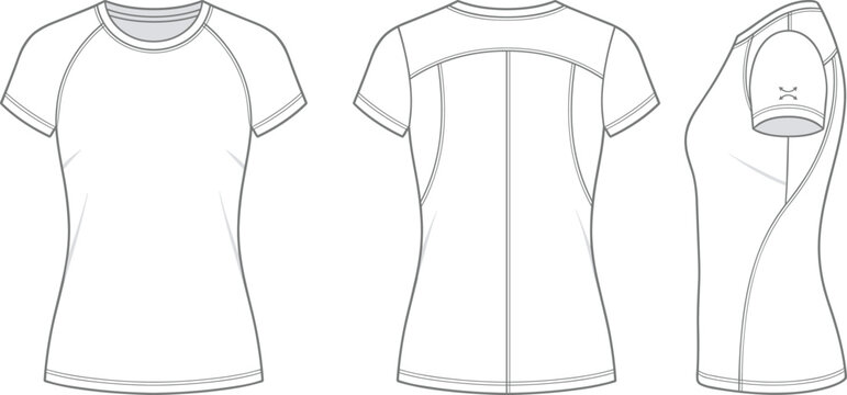 Women sport t shirt technical sketch template showing front back and side views