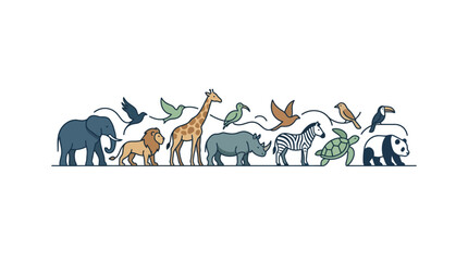 Obraz premium A colorful collection of diverse wild animals arranged in a horizontal line.