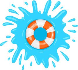 Fototapeta na wymiar Orange and white lifebuoy is splashing in blue water, creating a dynamic summer illustration
