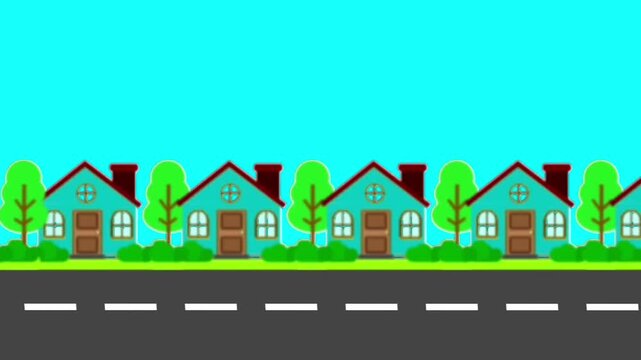 Horizontal scrolling animation of a residential street featuring cartoon houses, green trees, and an asphalt road against a bright blue sky background.