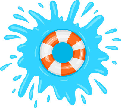 Orange and white lifebuoy is splashing in blue water, creating a dynamic summer illustration