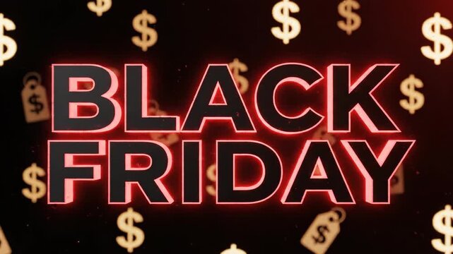 Black Friday text with neon glitch effect and dollar signs