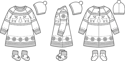 Knitted baby dress technical sketch with Christmas reindeer pattern beanie hat and socks vector © Radongo