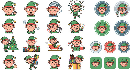 Fototapeta premium Flat vector illustration of Christmas elf character avatar emoji set showing various facial expressions and festive holiday activities
