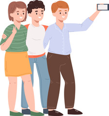 Fototapeta premium Three happy young friends taking a selfie, showing friendship and connection