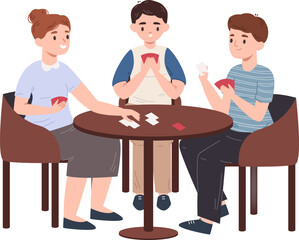 Fototapeta premium Three friends having fun sitting at a table playing a card game on a white background