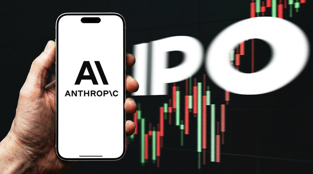 Anthropic Logo Displayed on Smartphone Screen Held in Hand Against IPO Text and Stock Market Candlestick Chart Background