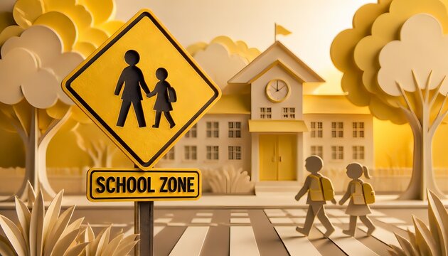 Paper cut school zone sign with children crossing