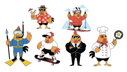 Fototapeta premium Six comical rooster characters showcase various lifestyles, including a chef, a bodyguard, a skier, and a scuba diver.