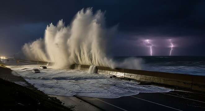 Dramatic Stormy Seascape with Lightning and High Waves.