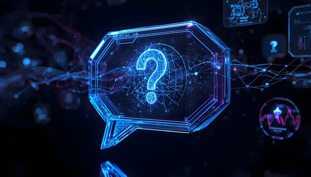 Floating Futuristic Holographic Speech Bubble with Glowing Question Mark in a Digital Dark Setting