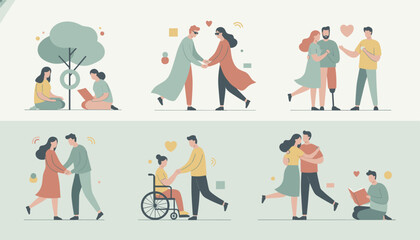 Naklejka premium Diverse couples and friends including people with disabilities, blind individuals, and wheelchair users, showing love and support in daily life.