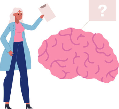 Female doctor examining brain illustration with a question mark about its function or issues