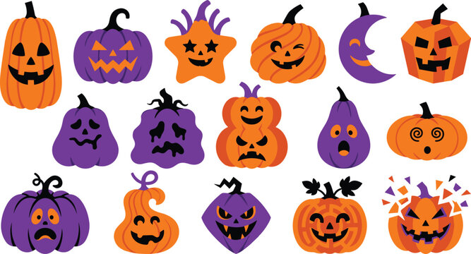 Halloween jack o lantern pumpkin vector sticker set with spooky faces star moon spiral and shattered patterns in orange and purple