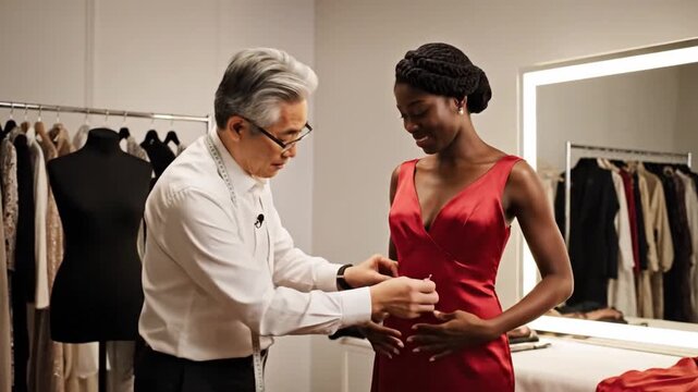 Black model in red dress standing while asian tailor measures and adjusts silk gown in boutique atelier with racks, mirror, velvet swatches and warm professional interaction, precise bespoke fitting
