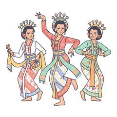Obraz premium Three Indonesian women in traditional dance costumes performing a graceful dance.