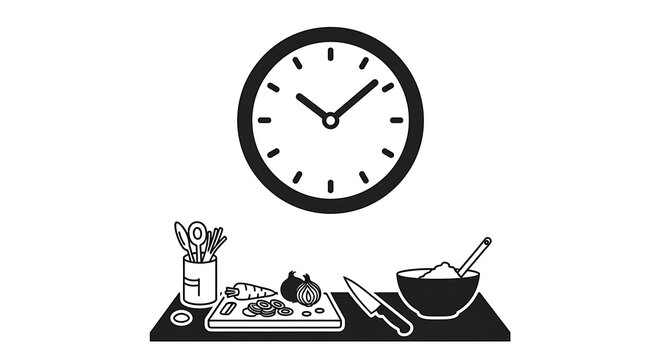 A clock hangs above a kitchen counter with food preparation items