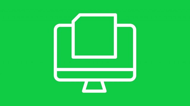 Animated file upload outline icon displayed on a computer monitor with transparent background, ideal for cloud storage, document management, web applications and motion graphics.