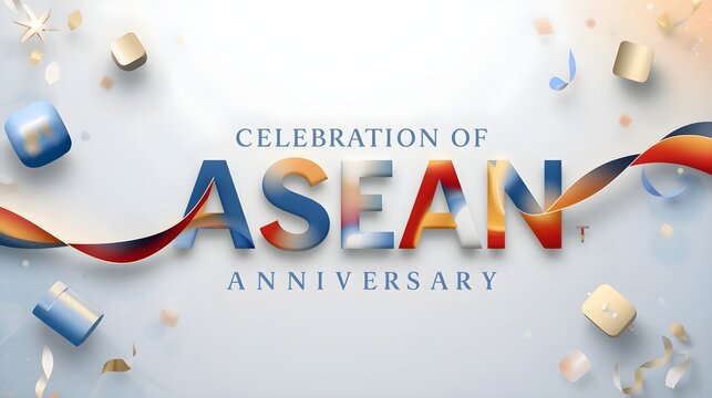Celebration of ASEAN Anniversary Typography Banner with Elegant Flowing Ribbons and Colorful Confettis on White Background